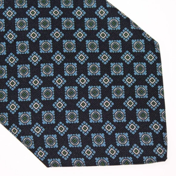 Drake's NWT Neck Tie in Navy with Light Blue/White Geometric Pattern 100% Silk